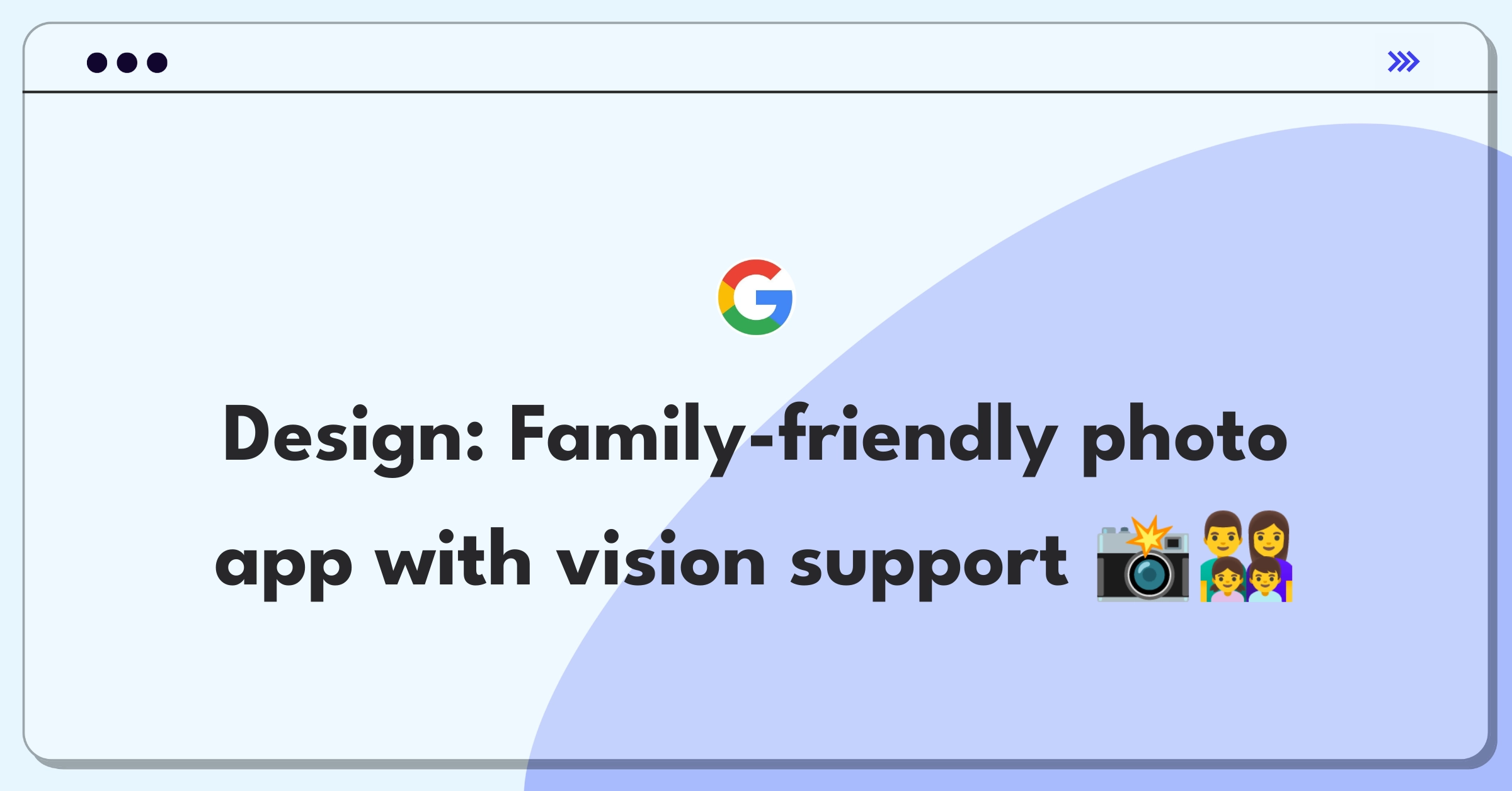 Product Management Design Question: Sketch of a smartphone displaying a family photo album with accessibility icons