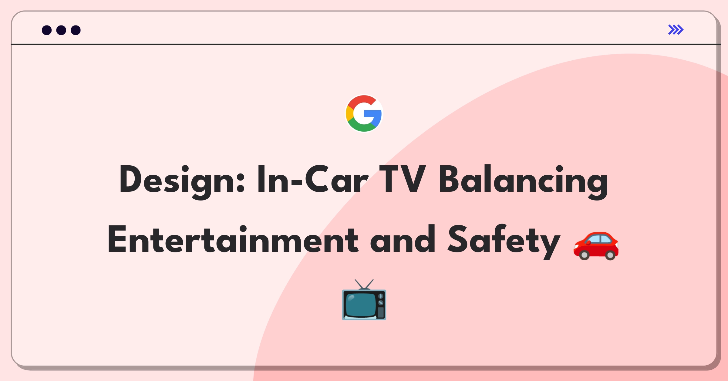 Product Management Design Question: Sketch of a car interior with integrated TV screen and safety features