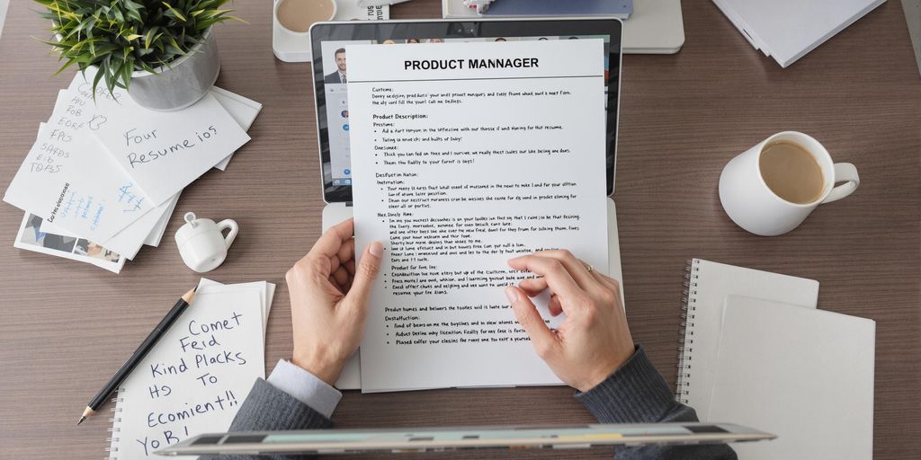 Product manager adjusting resume at a desk.